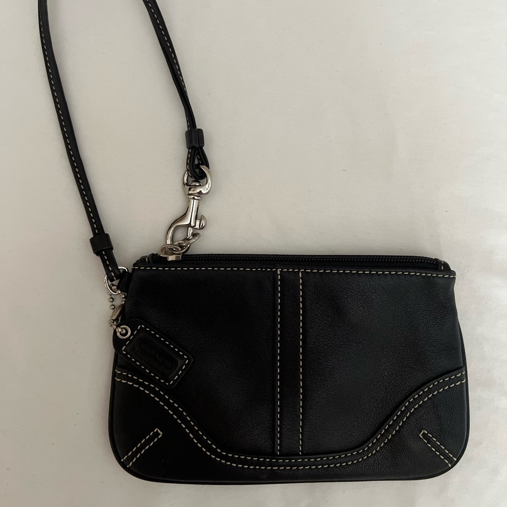 COACH Black Leather Wristlet with Stitching